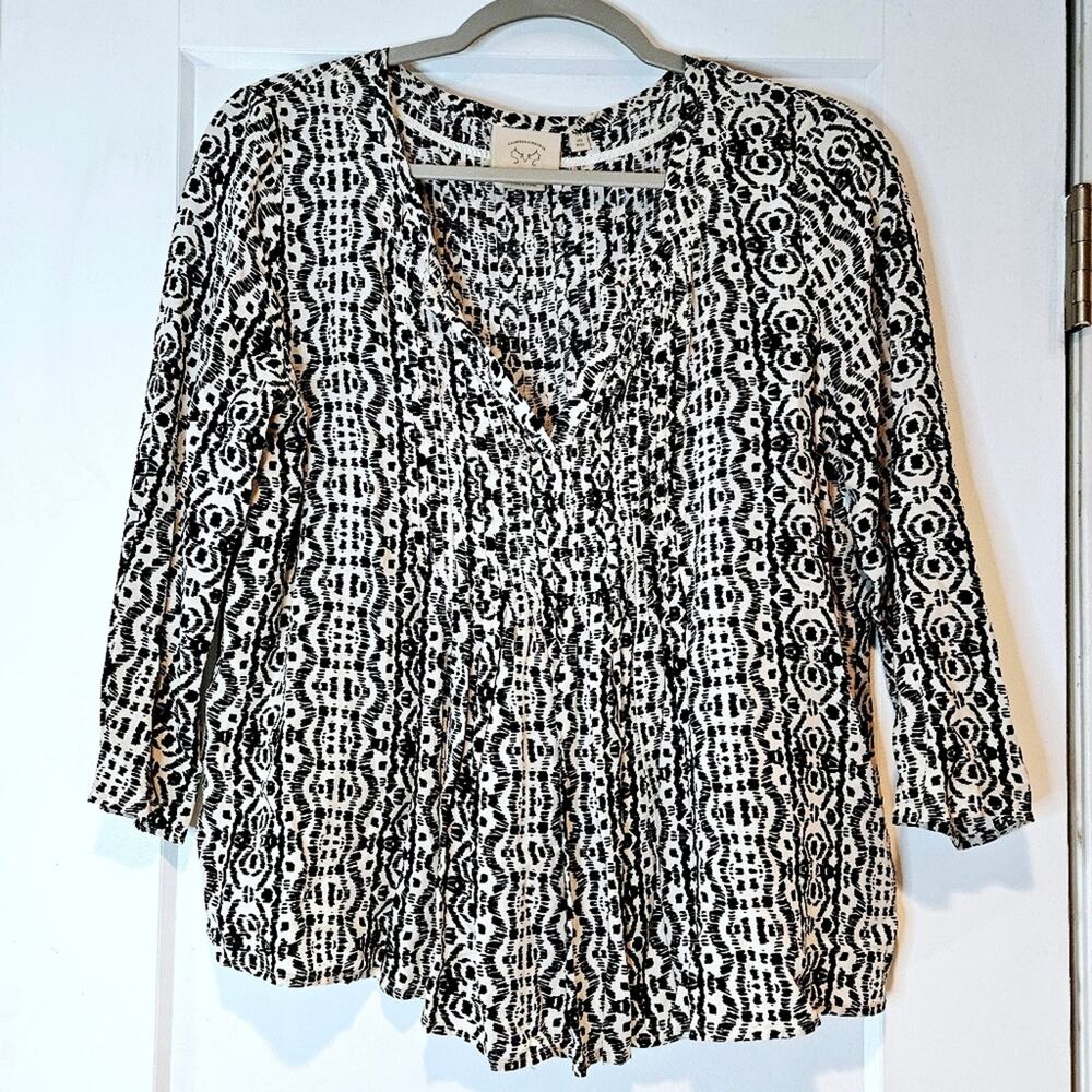 Vanessa Virginia Anthropologie Black White Ikat Boho Peasant Blouse Top US 4